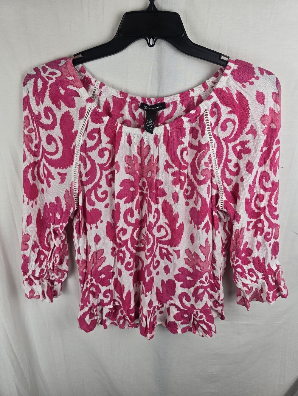 INC International Concepts White Hot Pink Floral 3/4 Sleeve Peasant Shirt Sz XL